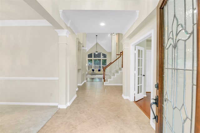 17422 Sunset Arbor Dr, Tomball, TX 77377 - entryway featuring stairs, ornate columns, vaulted ceiling, and light tile patterned floors