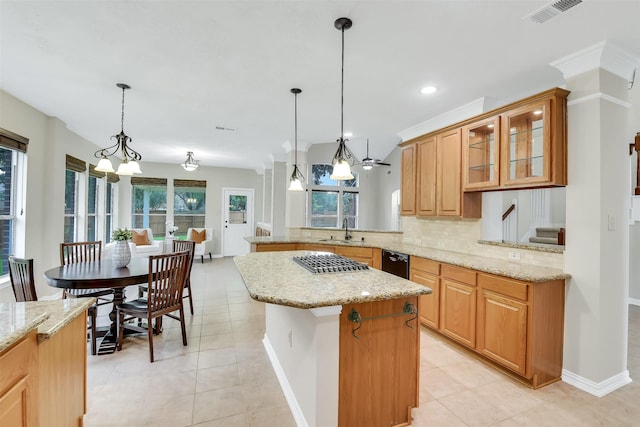 17422 Sunset Arbor Dr, Tomball, TX 77377 - kitchen featuring a peninsula, light tile patterned floors, stainless steel gas cooktop, backsplash, and recessed lighting