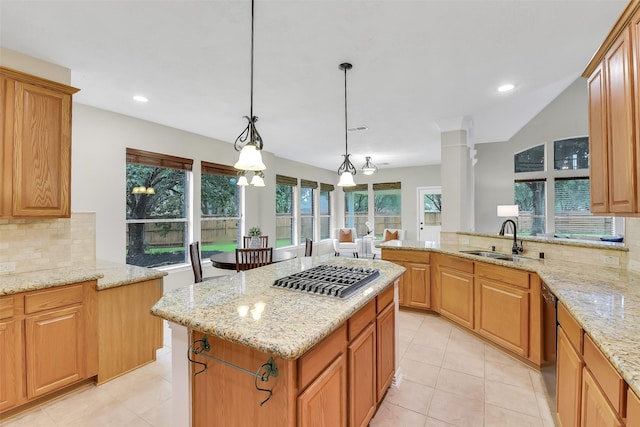 17422 Sunset Arbor Dr, Tomball, TX 77377 - kitchen with stainless steel gas cooktop, light tile patterned floors, decorative backsplash, dishwasher, and recessed lighting