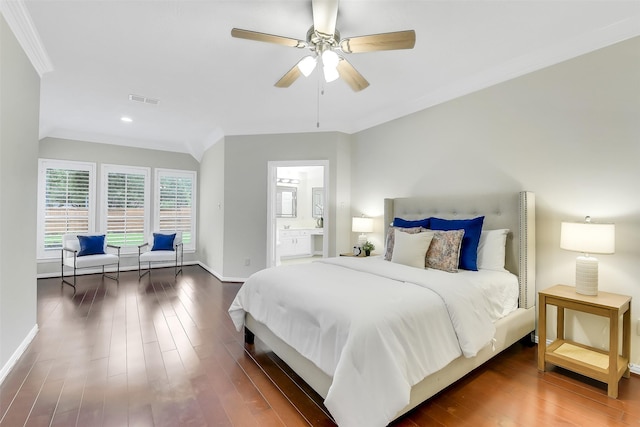 17422 Sunset Arbor Dr, Tomball, TX 77377 - bedroom with wood finished floors, ornamental molding, ensuite bathroom, recessed lighting, and ceiling fan