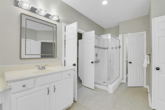 17422 Sunset Arbor Dr, Tomball, TX 77377 - full bathroom featuring tile patterned floors, a stall shower, and vanity