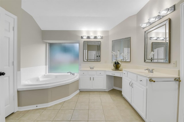 17422 Sunset Arbor Dr, Tomball, TX 77377 - full bath with double vanity, tile patterned floors, a bath, and vaulted ceiling