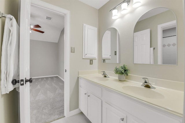 17422 Sunset Arbor Dr, Tomball, TX 77377 - bathroom with double vanity, ceiling fan, and vaulted ceiling