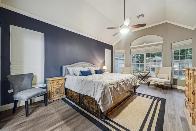 1611 Barrington Hills Ln, Katy, TX 77450 - bedroom featuring wood finished floors, vaulted ceiling, crown molding, and a ceiling fan