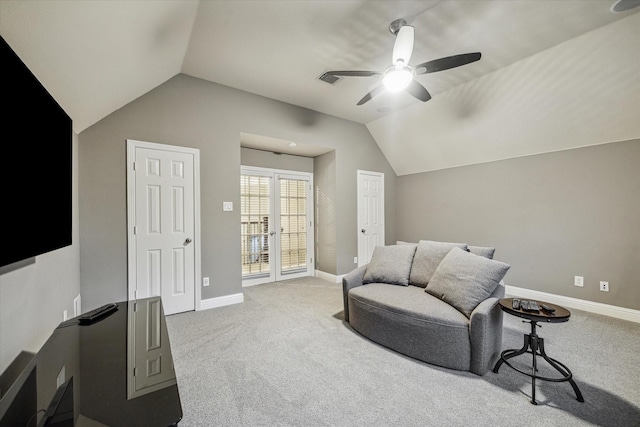 1611 Barrington Hills Ln, Katy, TX 77450 - living area featuring vaulted ceiling, a ceiling fan, and carpet flooring