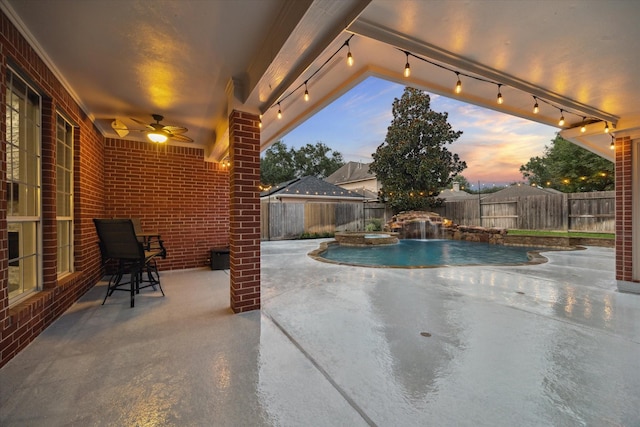 1611 Barrington Hills Ln, Katy, TX 77450 - view of pool featuring a fenced backyard, a pool with connected hot tub, a patio, and a ceiling fan