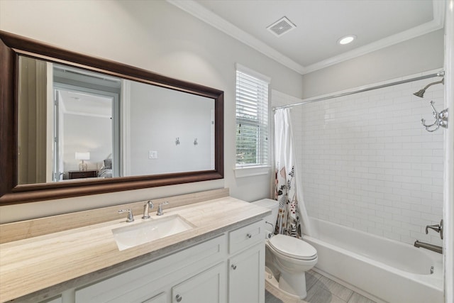 2603 Haverhill Dr, Houston, TX 77008 - full bathroom with vanity, shower / bath combination with curtain, ornamental molding, ensuite bathroom, and tile patterned flooring