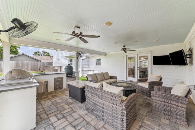 2603 Haverhill Dr, Houston, TX 77008 - view of patio featuring an outdoor kitchen, an outdoor hangout area, ceiling fan, and french doors