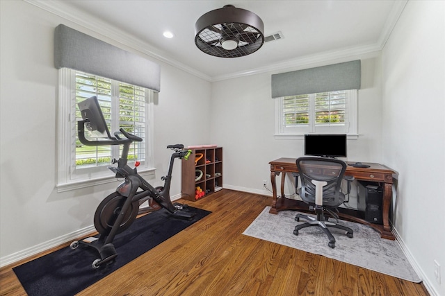 2603 Haverhill Dr, Houston, TX 77008 - office area featuring wood finished floors and ornamental molding