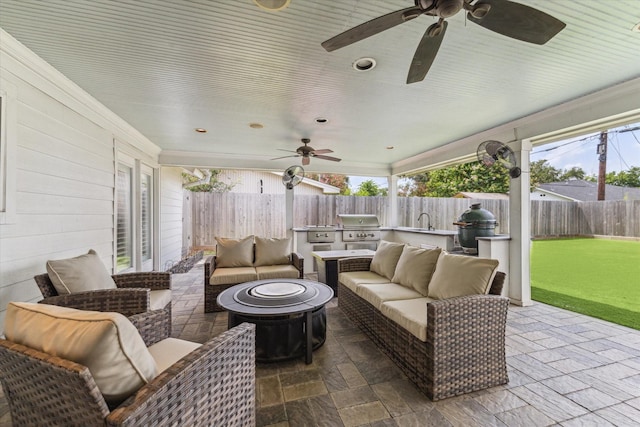 2603 Haverhill Dr, Houston, TX 77008 - sunroom with exterior kitchen, an outdoor hangout area, and ceiling fan