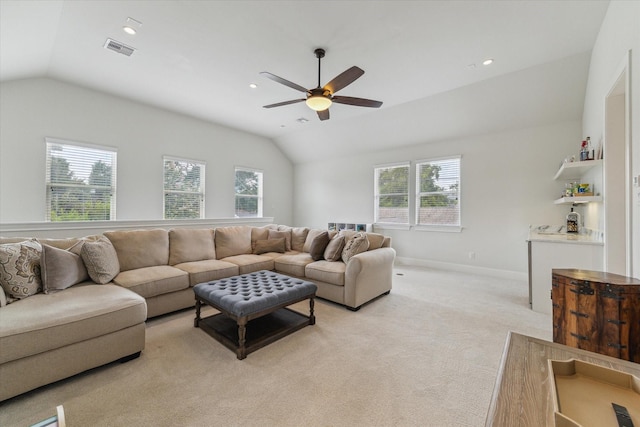 2603 Haverhill Dr, Houston, TX 77008 - living room with lofted ceiling, ceiling fan, light carpet, and recessed lighting