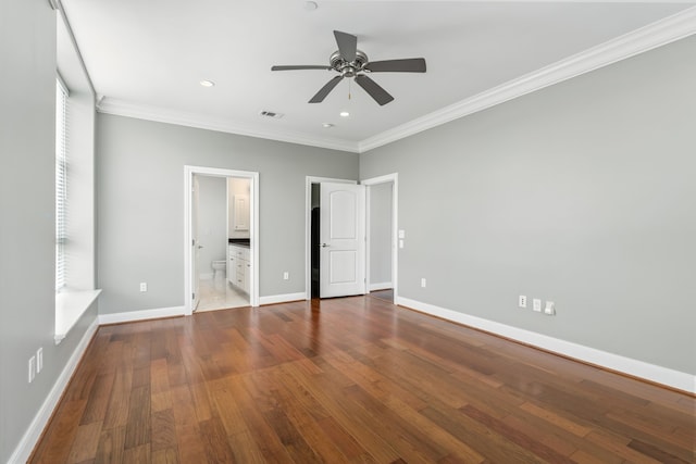 1419 Montrose Blvd Unit 301, Houston, TX 77019 - unfurnished bedroom with crown molding, dark wood-style floors, connected bathroom, recessed lighting, and a ceiling fan