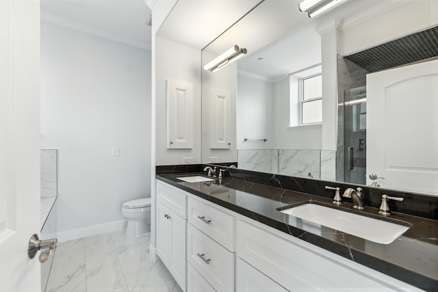1419 Montrose Blvd Unit 301, Houston, TX 77019 - full bathroom featuring marble look tiles, a stall shower, double vanity, and crown molding