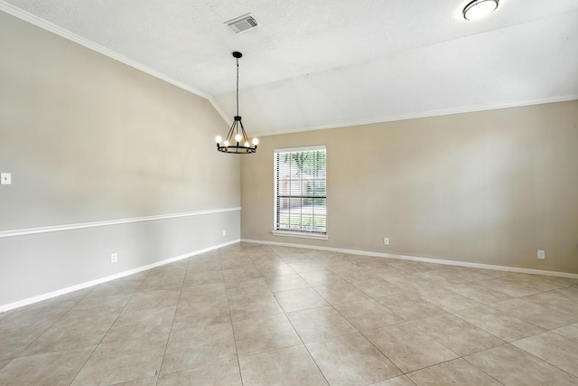 24806 Silver Leaf St, Magnolia, TX 77355 - empty room featuring a chandelier, light tile patterned floors, lofted ceiling, ornamental molding, and a textured ceiling
