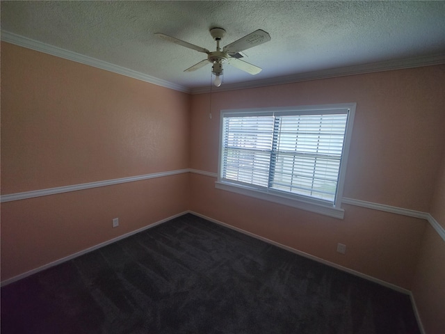 6714 Underhill St, Houston, TX 77092 - empty room featuring a ceiling fan, a textured ceiling, crown molding, and dark carpet