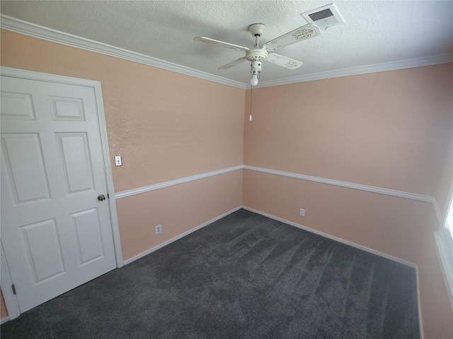 6714 Underhill St, Houston, TX 77092 - spare room featuring ceiling fan, dark carpet, ornamental molding, and a textured ceiling