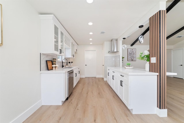13019 Foxburo Dr, Houston, TX 77065 - kitchen featuring dishwasher, light wood-style flooring, glass insert cabinets, light countertops, and recessed lighting