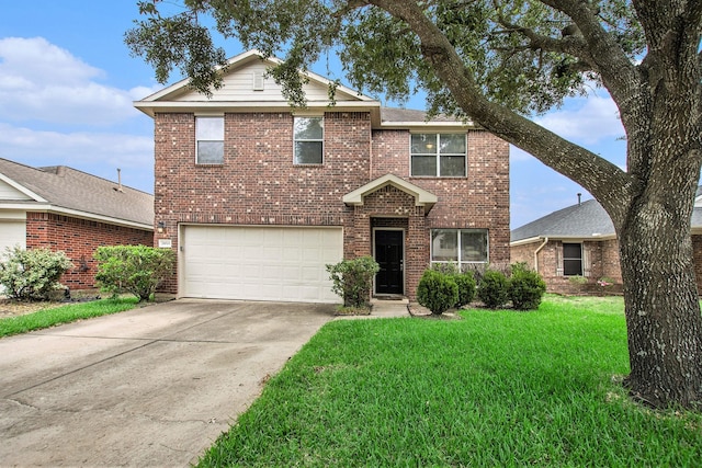 20515 Rustic Rail Ct, Cypress, TX 77433 - traditional home with brick siding, a garage, driveway, and a front yard