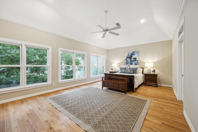 3614 University Blvd, West University Place, TX 77005 - bedroom with light wood finished floors, a ceiling fan, and lofted ceiling