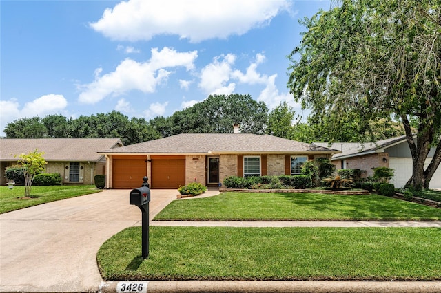 3426 Acorn Springs Ln, Spring, TX 77389 - ranch-style home with a front yard, a garage, brick siding, concrete driveway, and a shingled roof