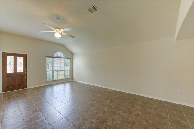 14839 Fir Knoll Way, Cypress, TX 77429 - empty room with vaulted ceiling, ceiling fan, and tile patterned flooring