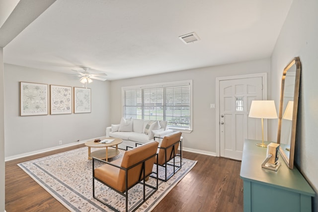 2111 Bron Holly Dr, Houston, TX 77018 - living room with ceiling fan and dark wood-style floors