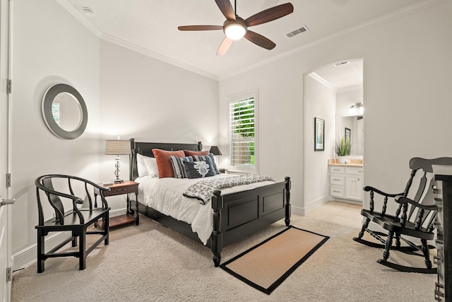 32723 Westminster Dr, Fulshear, TX 77441 - bedroom featuring arched walkways, light carpet, ornamental molding, ensuite bath, and ceiling fan