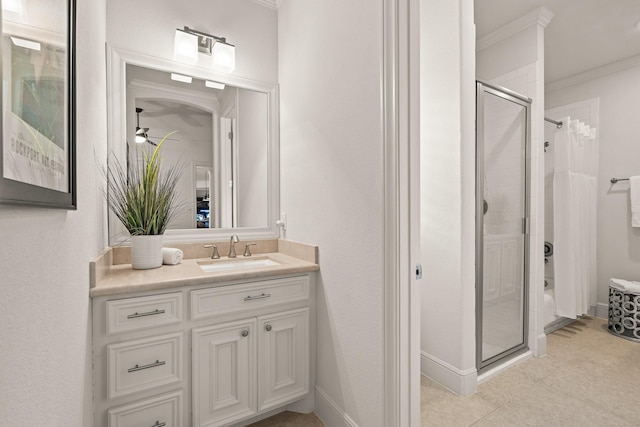 32723 Westminster Dr, Fulshear, TX 77441 - full bath with a stall shower, crown molding, vanity, and ceiling fan