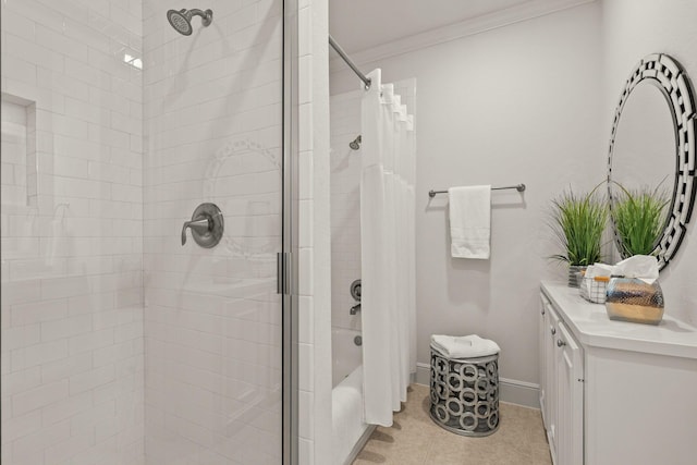 32723 Westminster Dr, Fulshear, TX 77441 - full bath with ornamental molding, shower / tub combo with curtain, and tile patterned floors