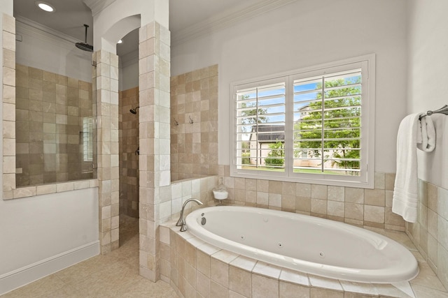 32723 Westminster Dr, Fulshear, TX 77441 - full bath with ornamental molding, a tub with jets, walk in shower, tile patterned flooring, and recessed lighting