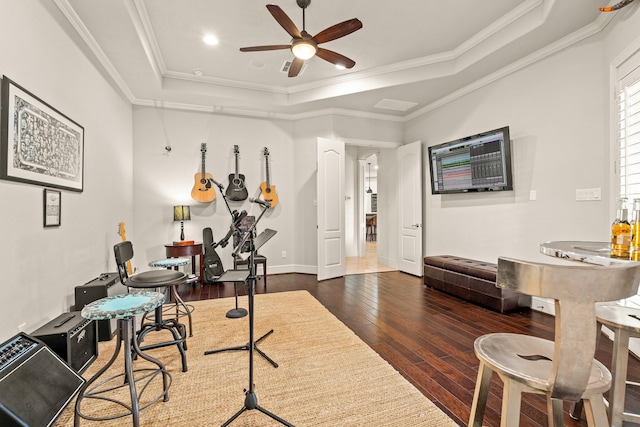 32723 Westminster Dr, Fulshear, TX 77441 - office with a raised ceiling, a ceiling fan, hardwood / wood-style flooring, and ornamental molding