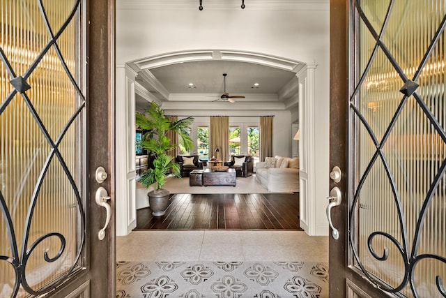 32723 Westminster Dr, Fulshear, TX 77441 - tiled entrance foyer featuring a ceiling fan and crown molding