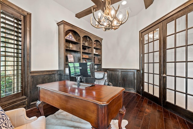 32723 Westminster Dr, Fulshear, TX 77441 - office area with a wainscoted wall, dark wood-style flooring, and a chandelier