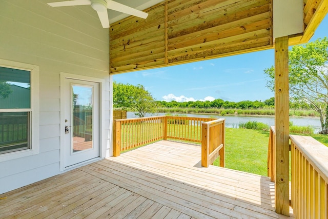 1927 Duncan Dr, Oyster Creek, TX 77541 - deck featuring a water view, ceiling fan, and a lawn