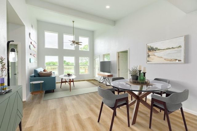 1927 Duncan Dr, Oyster Creek, TX 77541 - dining room with a high ceiling, a ceiling fan, light wood-style floors, and recessed lighting