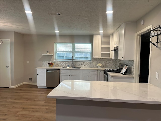 9219 Benwick Dr, Spring, TX 77379 - kitchen featuring appliances with stainless steel finishes, open shelves, light wood-type flooring, white cabinetry, and light stone countertops