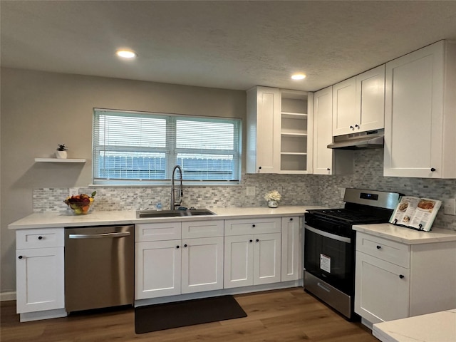 9219 Benwick Dr, Spring, TX 77379 - kitchen with appliances with stainless steel finishes, open shelves, under cabinet range hood, wood finished floors, and recessed lighting