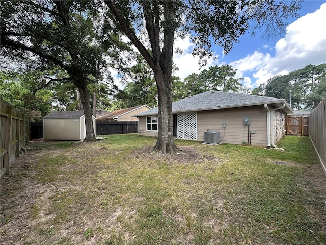 9219 Benwick Dr, Spring, TX 77379 - rear view of property featuring a storage shed, a fenced backyard, and a shingled roof