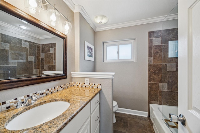 6518 Lindyann Ln, Houston, TX 77008 - bathroom featuring crown molding, vanity, washtub / shower combination, and stone finish flooring
