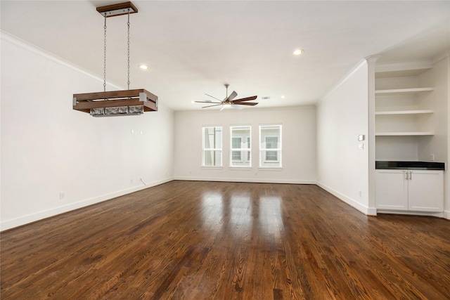 829 Wakefield Dr Unit A, Houston, TX 77018 - unfurnished living room with a ceiling fan, crown molding, dark wood-type flooring, recessed lighting, and built in shelves