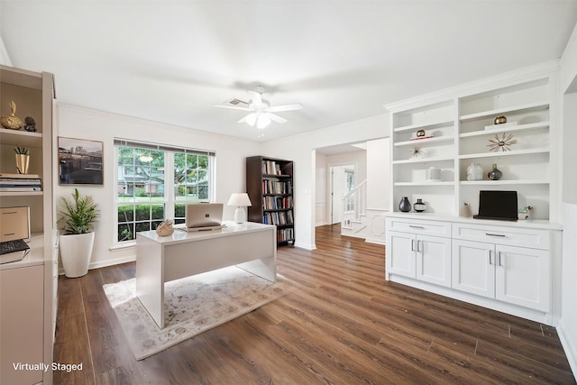 10014 Moorberry Ln, Houston, TX 77080 - office space featuring dark wood-style flooring, ceiling fan, and crown molding