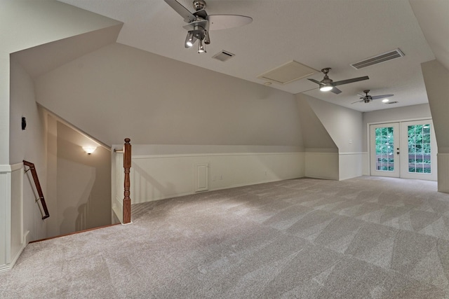 62 N Turtle Rock Ct, The Woodlands, TX 77381 - additional living space featuring ceiling fan, carpet floors, vaulted ceiling, and french doors