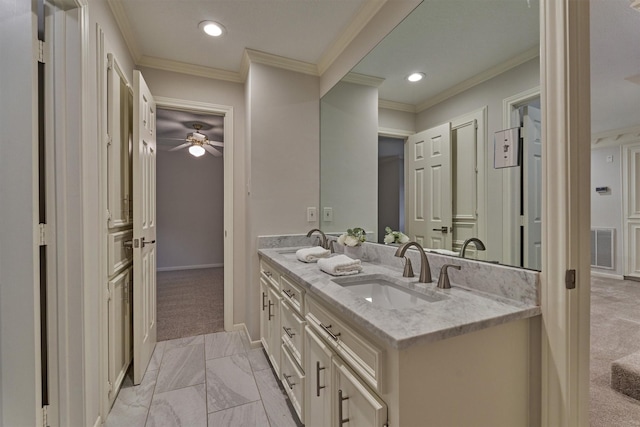 62 N Turtle Rock Ct, The Woodlands, TX 77381 - bathroom with ceiling fan, double vanity, ornamental molding, recessed lighting, and marble finish flooring