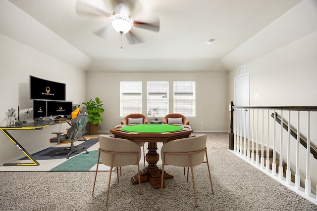 23414 Bracino Lake Dr, Katy, TX 77493 - game room with vaulted ceiling, ceiling fan, and carpet flooring