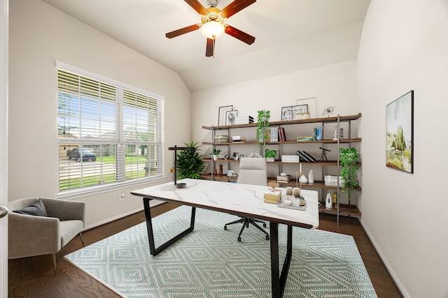 23414 Bracino Lake Dr, Katy, TX 77493 - home office with a ceiling fan, lofted ceiling, and dark wood-style floors