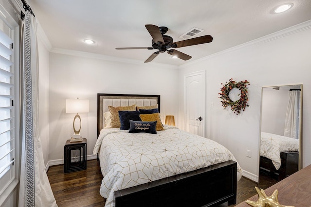 3739 University Blvd, Southside Place, TX 77005 - bedroom featuring dark wood finished floors, crown molding, recessed lighting, and ceiling fan