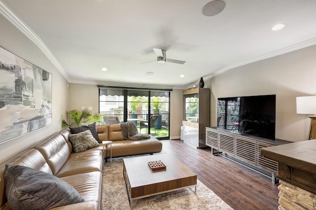 3739 University Blvd, Southside Place, TX 77005 - living room featuring crown molding, wood finished floors, a ceiling fan, and recessed lighting