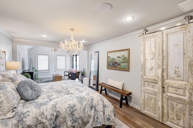 3739 University Blvd, Southside Place, TX 77005 - bedroom featuring ornamental molding, wood finished floors, a chandelier, and recessed lighting