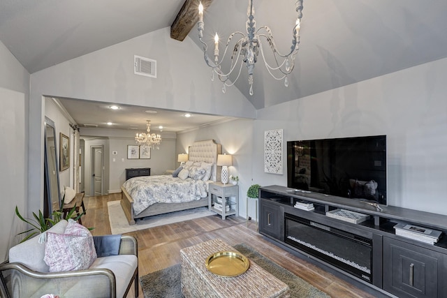 3739 University Blvd, Southside Place, TX 77005 - bedroom with a chandelier, wood finished floors, high vaulted ceiling, and beamed ceiling