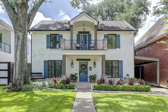 3739 University Blvd, Southside Place, TX 77005 - view of front of house with a balcony, a front lawn, and brick siding